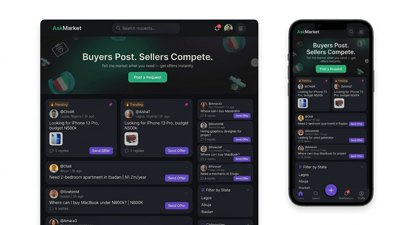 AskMarket app — dark-themed marketplace feed showing buyer requests, trending badges, and offer buttons on desktop and mobile